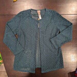 Chicos Nicholle Lace Cardigan Swiss Pine Teal Open Front Knit Topper Size 1 M